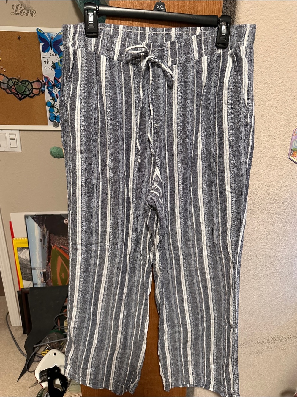 Briggs Costco Drawstring Linen-Blend Striped Pants - Blue/White Womens Large